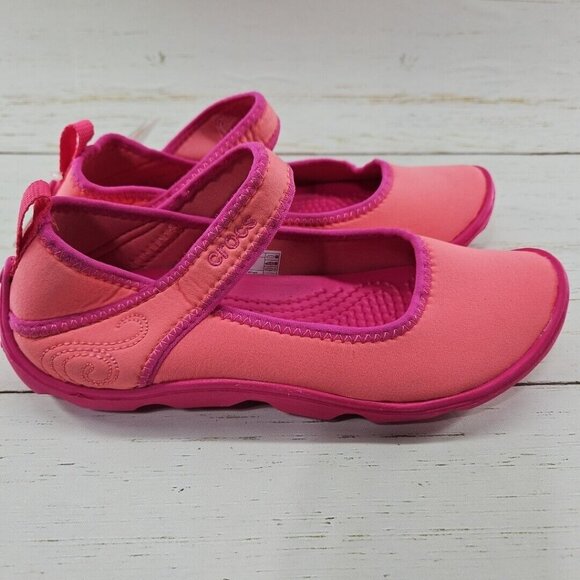 Crocs Duet Busy Day Coral Pink Mary Jane Slip On Shoes Girls J2 Ballet 15352‎ - Picture 3 of 9